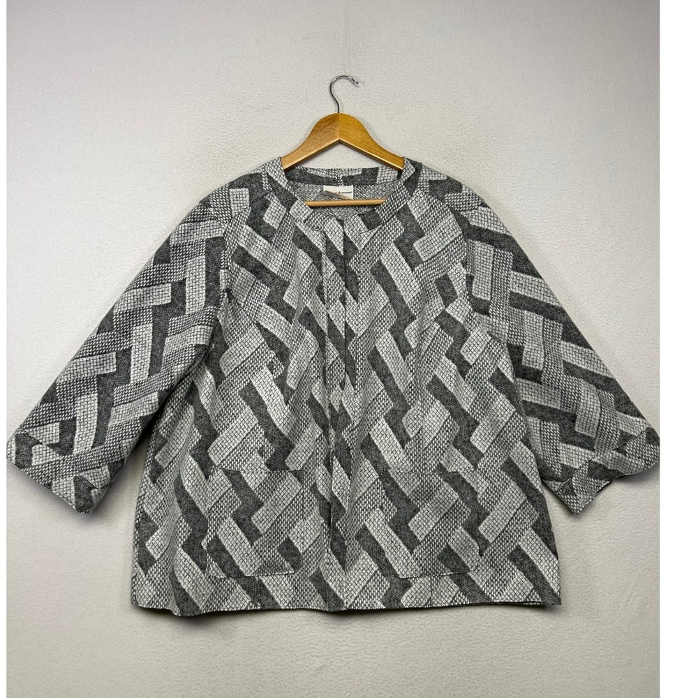 Geometric Knit Alfred Dunner Woman Plus Size Gray White Open Front Jacket